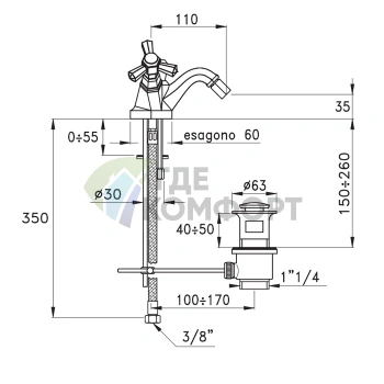 Смеситель для биде Stella Eccelsa: донный клапан, монтаж в одно отверстие, хром (EC 00204 CR00) - фото 2