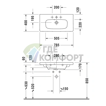 Раковина Duravit DuraStyle для мебели компактная с переливом, 785x400 мм, белая (2337780000) - фото 2