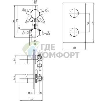 Смеситель для душа Bossini Liberty встраиваемый с девиатором 5 режимов, цвет античная бронза (Z00065.022) - фото 2