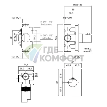 Встраиваемый термостат для душа Antonio Lupi Indigo в цвете графит (ND604GR Grafite) - фото 2