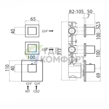 Термостат для душа Bossini прямоугольный встраиваемый с девиатором на 2-4 выхода, хром (Z033203.030) - фото 2
