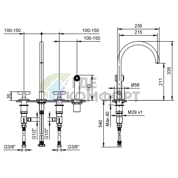Смеситель для кухни Fantini Icona Classic с ручным душем, 4 отверстия, хром (53 02 R051) - фото 2