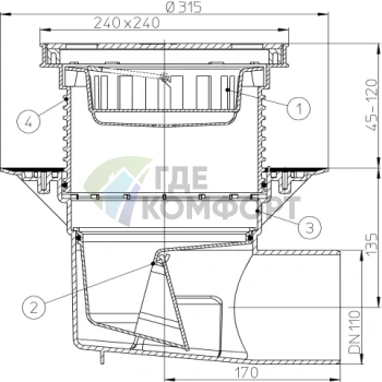 Трап HL615S с решеткой в подрамнике 226x226 мм-незамерзающим затвором и горизонтальным выпуском DN110 - фото 3