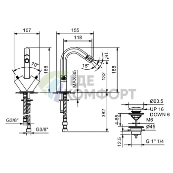 Смеситель для биде Fantini Venezia с донным клапаном, цвет Copper PVD (29 P9 N462SF) - фото 2