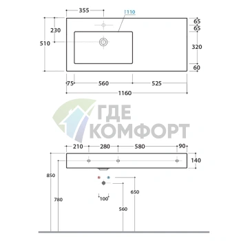 Раковина Globo Incantho подвесная 116х51 чаша слева с намеченным отверстием цвет белый - фото 2