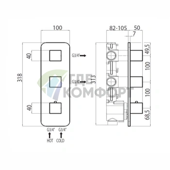 Термостат для душа Bossini Cube со встроенным переключателем на 2-4 выхода, хром (Z032204.030) - фото 2