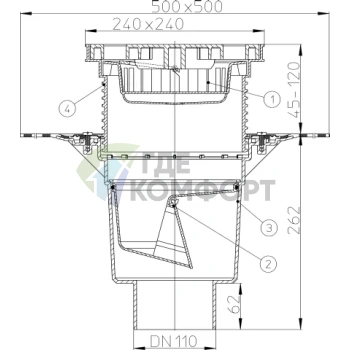 Трап HL616HL с пластиковой решеткой 226х226-незамерзающим запахозапирающим устройством-грязеуловителем-полимербитумным полотном и вертикальным выпуском DN110/DN60 - фото 3