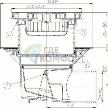 Трап HL615L с решеткой в подрамнике 226x226 мм-незамерзающим затвором и горизонтальным выпуском DN110 - фото 3