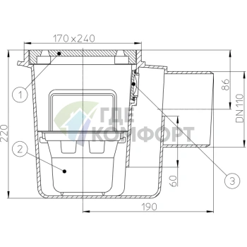 Трап HL71 с решеткой 170x240 мм-с грязесброником-лочком-прочисткой и горизонтальным выпуском DN110 - фото 3