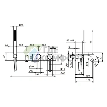 Смеситель для ванны Fantini Nostromo встраиваемый с ручным душем (излив 150 мм, хром) (50 02 E820B) - фото 2