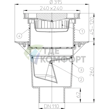 Трап HL616 с пластиковой решеткой 226х226-незамерзающим запахозапирающим устройством и вертикальным выпуском DN110/DN60 - фото 3