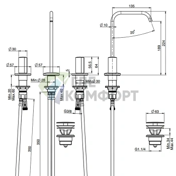 Смеситель для раковины FIMA Carlo Frattini So: 3-х отверстий, без ручек, поворотный излив с донным клапаном, хром (F3191ACR) - фото 2