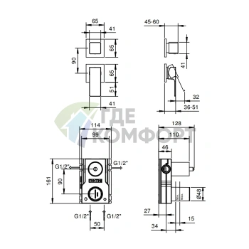Встраиваемый смеситель для душа Fantini Mint на 2 выхода (1/2, наружнее подключение), хром (34 02 F181B) - фото 2