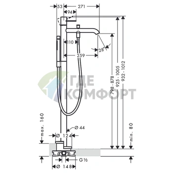 Напольный смеситель для ванны AX Uno с ручным душем, хром (38442000) - фото 2