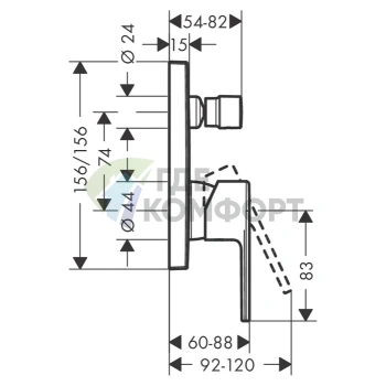 Встраиваемый смеситель для ванны Hansgrohe Vernis Shape с переключателем и защитой по EN 1717 (хром) (71469000) - фото 2