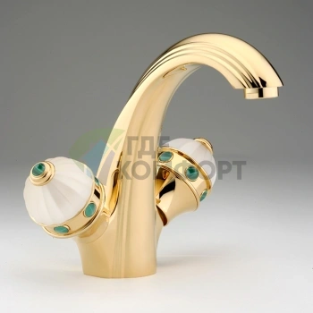 Смеситель для раковины THG Amboise с малахитовыми вставками и донным клапаном в полированном золоте (A1J-F01-2155) - фото 1
