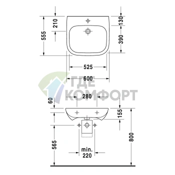 Медицинская раковина Duravit D-Code 600x550 мм без перелива, белая (23136000002) - фото 2