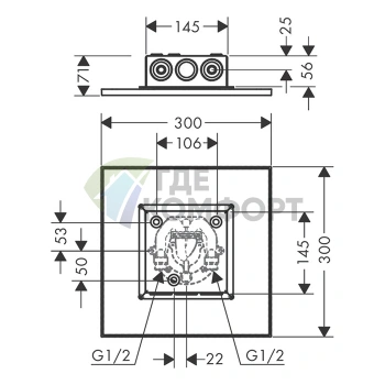 Верхний душ AX ShowerSolution 300x300 мм, хром, 1 форсунка, потолочный монтаж (35317000) - фото 2