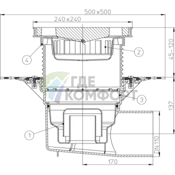 Трап HL615HW с решеткой в подрамнике 226x226 мм-гидроизоляционным полотном и горизонтальным выпуском DN110 - фото 3
