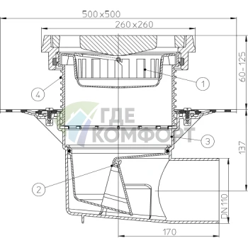Трап HL615.1H с решеткой 226x226 мм-с гидроизоляционным полотном-грязеуловителем и горизонтальным выпуском DN110 - фото 3