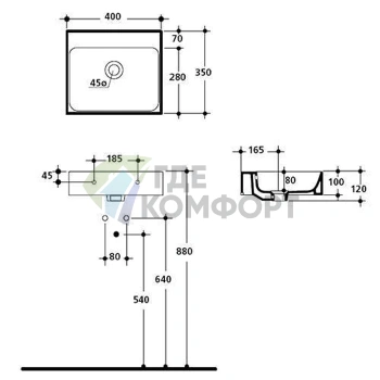 Раковина KERASAN Cento 40х35 подвесная без отв под смесительитель белая - фото 2