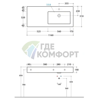 Раковина Globo Incantho подвесная 116х51 чаша справа с намеченным отверстием цвет белый - фото 2