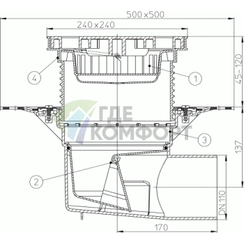 Трап HL615HL с решеткой в подрамнике 226x226 мм-гидроизоляционным полотном и горизонтальным выпуском DN110 - фото 3