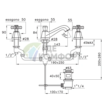 Смеситель для раковины Stella Eccelsa на 3 отверстия с донным клапаном в золоте 24К (EC 00013 AU00) - фото 2