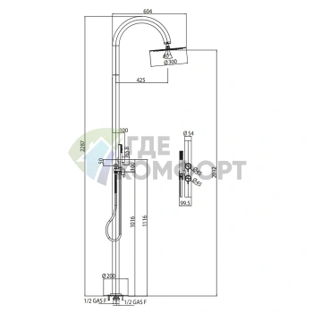 Bossini TETIS: Напольная душевая колонна с верхним душем и двумя смесителями (L00387.030) - фото 2