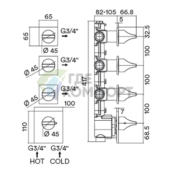 Смеситель для душа термостатический встраиваемый BOSSINI APICE, 3 вентиля, черный матовый (Z035205.073) - фото 2