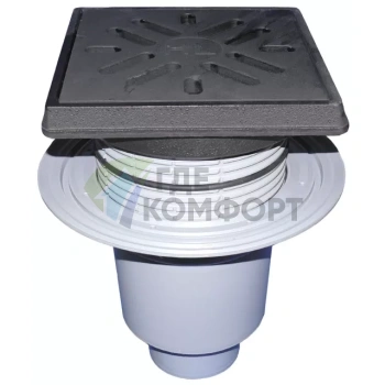 Трап HL616.1W с решеткой в подрамнике 226x226 мм-грязеуловителем и вертикальным выпуском DN110 - фото 1