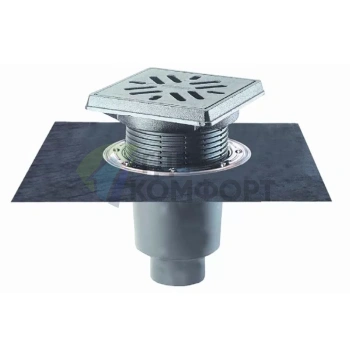 Трап HL616.1HW с решеткой 226x226 мм-с гидроизоляционным полотном-грязеуловителем и вертикальным выпуском DN110 - фото 1