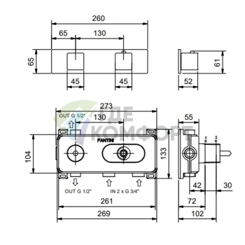 Термостат для душа Fantini Mint на 2 выхода 3/4 с хромированной панелью (34 02 F472B) - фото 2