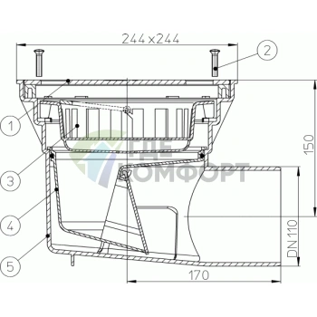 Трап HL605S с решеткой 244x244 мм-незамерзающим запахозапирающим устройством и горизонтальным выпуском DN110 - фото 3