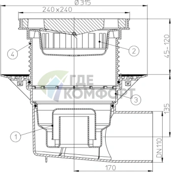 Трап HL615W с решеткой в подрамнике 226x226 мм-грязеуловителем и горизонтальным выпуском DN110 - фото 3
