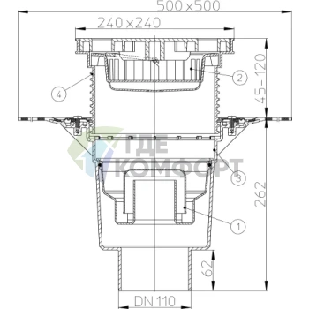 Трап HL616HLW с решеткой в подрамнике 226x226 мм-грязеуловителем-гидроизоляционным полотном и вертикальным выпуском DN110 - фото 3