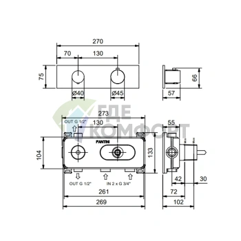 Термостатический встраиваемый смеситель для душа Fantini Nostromo на 2 потока с поворотной ручкой в отделке матовая натуральная сталь (87 93 G572B) - фото 2