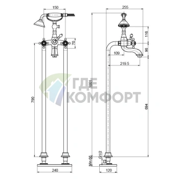 Напольный смеситель для ванны FIMA Carlo Frattini Elizabeth с душевым комплектом, хром (F5084/4CR) - фото 2