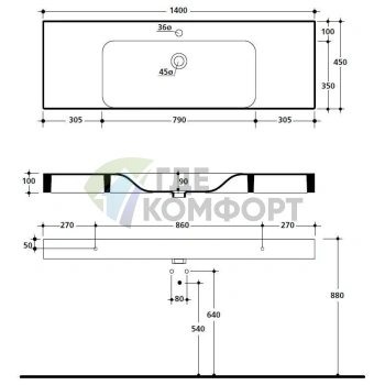Подвесная раковина KERASAN Cento 140x45 см белая (353501*1) - фото 4