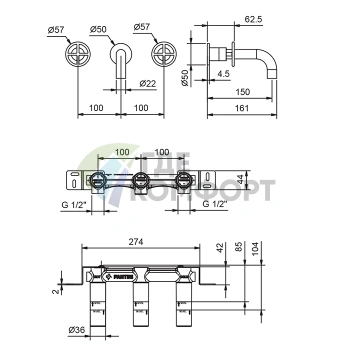 Встраиваемый смеситель для раковины Fantini Fontane Bianche на 3 отверстия без донного клапана, цвет Matt Gun Metal PVD (47 P5 P010B) - фото 2