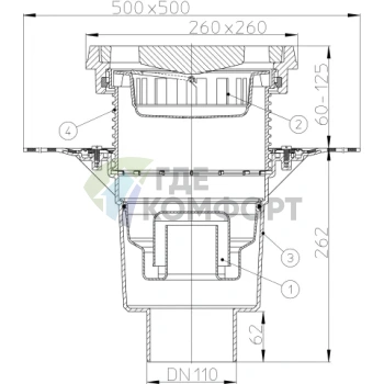Трап HL616.1HW с решеткой 226x226 мм-с гидроизоляционным полотном-грязеуловителем и вертикальным выпуском DN110 - фото 3