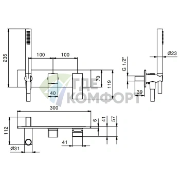 Смеситель для душа Fantini Mint встраиваемый с ручным душем и двумя выходами, хром (34 02 F784B) - фото 2