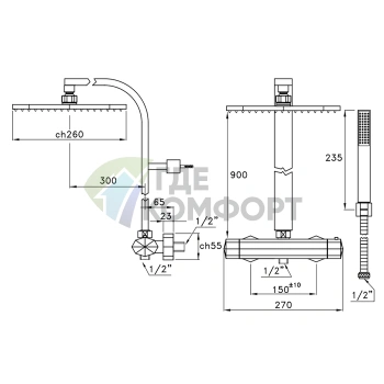 Stella Firenze Душевой комплект с термостатическим смесителем: верхний и ручной душ, хром (FI 02616 CR00) - фото 2