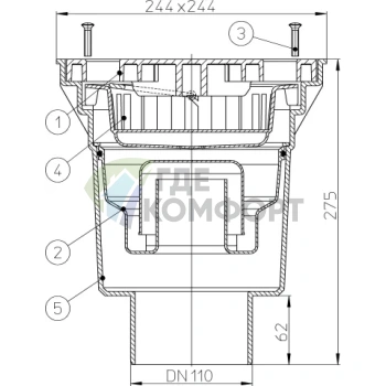 Трап HL606LW с решеткой 226x226 мм-грязеуловителем и вертикальным выпуском DN110 - фото 3