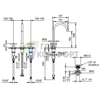 Смеситель для раковины Fantini Icona Classic с донным клапаном, 3 отверстия, матовая оружейная сталь (53 P5 R007) - фото 2