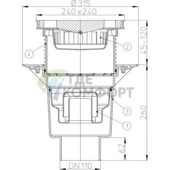 Трап HL616W с пластиковой решеткой 226х226-грязеуловителем и вертикальным выпуском DN110/DN60 - фото 3