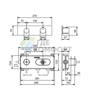 Термостат для душа Fantini NOSTROMO встраиваемый, 3/4, 3 выхода, цвет Matt British Gold (87 P6 G573B) - фото 2