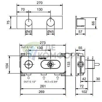 Термостатический встраиваемый смеситель для душа Fantini Nostromo: 2 потока, поворотная ручка, цвет «Золото плюс» (87 01 G572B) - фото 2
