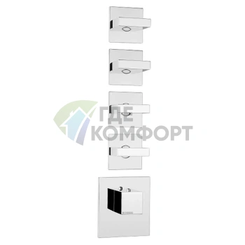 Термостат для душа Bossini прямоугольный встраиваемый с девиатором и 3 вентилями (5 выходов), хром (Z033208.030) - фото 1