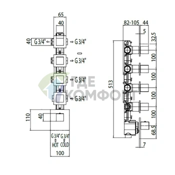 Термостат для душа Bossini прямоугольный встраиваемый с девиатором и 3 вентилями (5 выходов), хром (Z033208.030) - фото 2